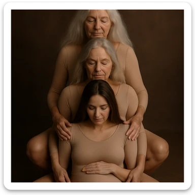 Create a realistic and volumetric illustration of several generations of women sitting one behind another, similar to the reference image. All women are dressed in flesh-colored bodysuits. The drawing should have detailed shadows and highlights, with poses and composition matching the reference. The image should be tasteful and contain no nudity. sticker