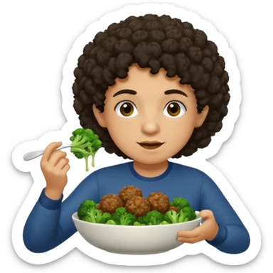 Grillo con capelli ricci scuri che mangia broccoli bolliti e polpette sticker