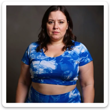 Realistic style woman in sportswear inspired by the reference photo, with a bloated belly and a discomforted expression, neutral background. sticker