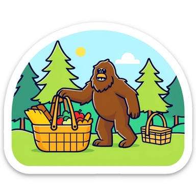 Make a sasquatch stealing from a picnic basket make it cartoony
 sticker