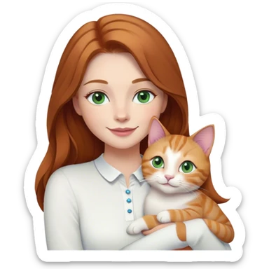 woman with long, middle-parted brown hair, blue eyes, pretty eyelashes, and mauve lips
Wearing a white long-sleeve blouse
Smiling softly and holding a ginger tabby cat with green eyes.
 sticker