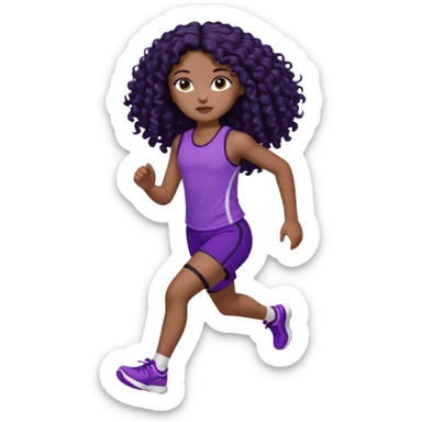 Uma boneca morena escura com olhos castanhos e cabelo cacheado longo preto até o peito, treinando correndo a roupa top até o meio da barriga roxo com detalhes preto e short roxo com detalhes preto sticker