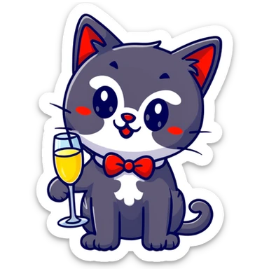 black cat with a red clown nose and a glass of champagne in its paw, playful and festive sticker