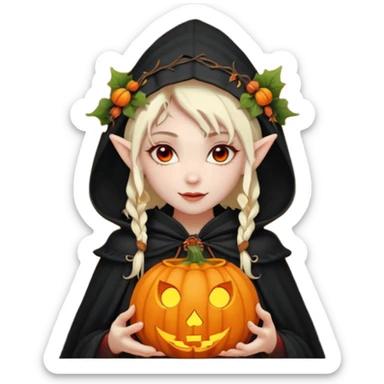 female elf vampire emoji, pale skin, red eyes, elegant face, autumn leaf and pumpkin wreath on head, black hooded cloak with cobweb details, holding small glowing pumpkin lantern, Halloween fantasy theme, Apple emoji style, clean white background, square sticker