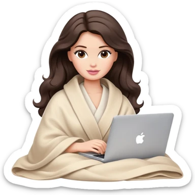 Barbie girl with a long wavy dark brown hair in pale beige clothes inside a pale beige blanket working macbook  sticker