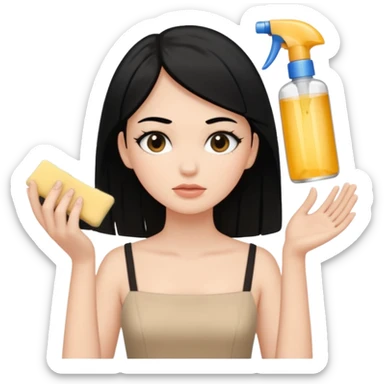 White girl with black hair in beige dress getting a face cleaning  sticker