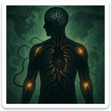 semi-realistic, medical-fantasy style; human silhouette with dark worm-like tendrils spreading from gut and heart to brain and joints, world map in background, glowing fissures and green mist, high contrast, allegorical mood sticker