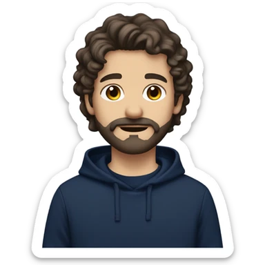 White boy with dark brown medium length wavy hair and a beard and mustache and pretty hazel eyes in a navy sweatshirt sticker