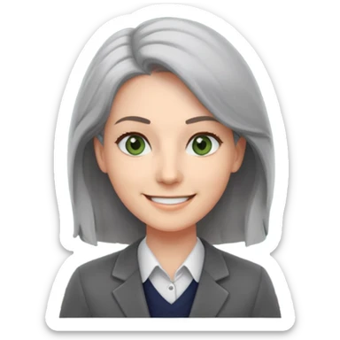 smiling English teacher with airtouch hair and grey-green eyes standing in front of a classroom with chalkboard sticker