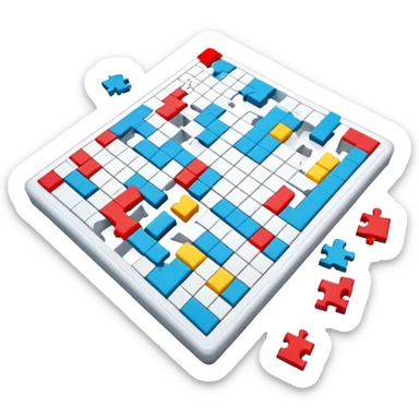 A photorealistic icon with a crossword magazine, a 3D puzzle and a partially completed puzzle on a table. Bright, detailed design with realistic lighting. Transparent background, clearly symbolizing puzzles and brain games. sticker