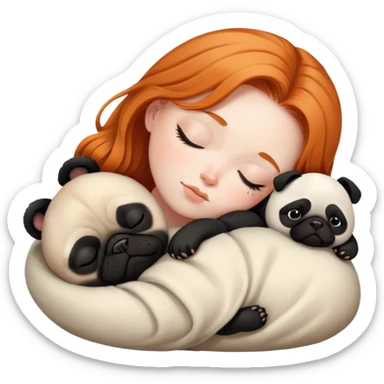 Sleeping ginger girl with black pug puppy and panda pug sticker