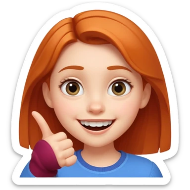 Transform this selfie of a smiling girl pointing at her teeth into a Pixar-style animated character, with large expressive eyes, soft lighting, and a cheerful atmosphere sticker