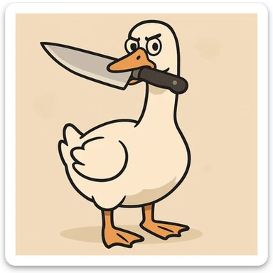 a goose with a knife in its mouth, flat toon cartoon style sticker