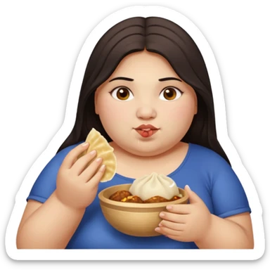 Can you create an emoji of a half Indian - half white 23 year old girl with dark brown mid length hair and brown eyes who is super obese and eating a dumpling sticker