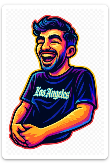 Convert the photo to a cartoon sticker in the style of Flux Pro with a laughing expression and transparent background. The style should reflect the vibrant and pop colors typical of Flux Pro cartoon stickers. sticker