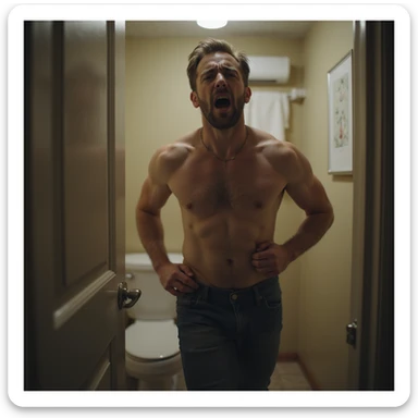 man running towards bathroom with urgent expression, suffering face, abdominal bloating, hyperrealistic 4K details, realistic atmosphere, domestic environment sticker