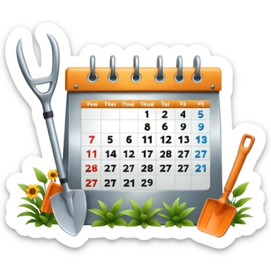 calendar icon with garden tools near. Transparent background sticker
