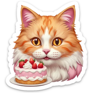 Close-up portrait of a fluffy cat eating a strawberry cake, pink cream on its nose and whiskers, detailed fur texture, soft natural light, shallow depth of field, high resolution, cute and candid moment
, sticker