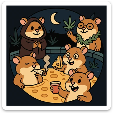 Discord server icon, circular, centered composition of a hamster cult weed and cheese pool party at night, bold and graphic, flat toon style sticker