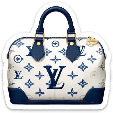 White Designer Louis Vuitton bag with navy blue monogram and navy blue trim sticker