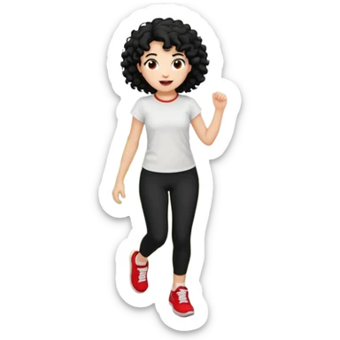 generate a pretty bratz fair skinned girl with curly black hair wearing a white tshirt trekking on a hill with red sneakers on and black leggings sticker