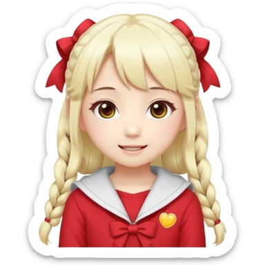 Cute kawaii emoji-style Japanese K-pop girl, long platinum blonde hair in twin tails, red outfit, Japanese K-pop idol vibes, big sparkling eyes, chibi proportions, clean lineart, pastel colors, cheerful idol smile, sticker/emoji style, transparent background sticker