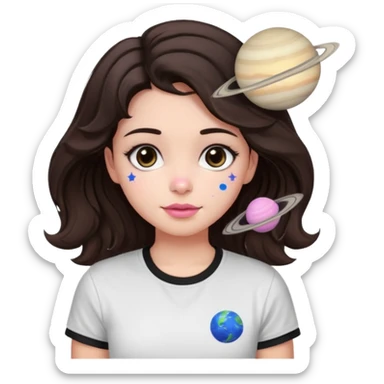 I want to design a girl with wavy hair that is dark brown, close to black And you wear a T-shirt Its color above the neck and sleeves is black The bottom is white, with a star and the planet Saturn on it Her eyes are also dark brown, and her cheeks are pink sticker