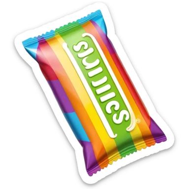 An extremely minimalist Skittles package, simple rainbow stripe design with a few green candies. Very clean and simplified. sticker