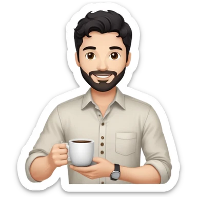 Casual portrait of a 35-year-old man with black wavy hair, stubble, strong jawline, white skin tone, wearing casual button-up shirt with rolled sleeves, holding coffee cup, friendly approachable smile, relaxed confident pose for social media sticker