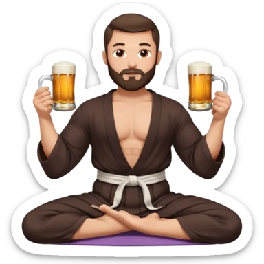 slavic muscled guy with dark brown hair and beard, sitting in yoga pose on a mat, dark colors robe, long and volume dark hair, holding beer mugs in two hands, sitting sticker