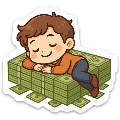 happy person napping on mattress of money sticker