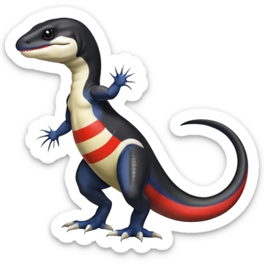 Black and white Orca-reptile-reptilian-lizard-skink-gecko-Digimon-Fakémon-hybrid full body, two legs, two arms, claws, tail, with red stripe sticker