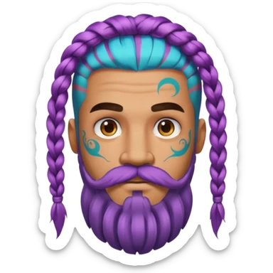 big lose braids starting from the top sides of the head hair like a unicorn man with mustache face wiith big visible loose only two braids and lots and lots of colored face tattoos colored tattoos like a tattoo artist hair unique color and beard sticker