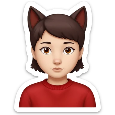 make a girl that has a boyish wolf cut thats right above the shoulders, give her a red sweater and make her face just right chubby but slso not too chubby. ( make it a white background and make the hair dark brown and also the eyes dark brown ) sticker