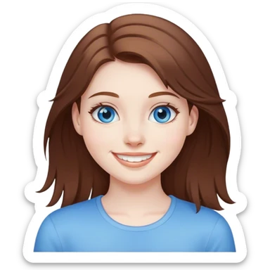 Girl with brown hair and blue eyes with pale skin smiling sticker