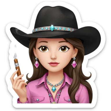 White girl, black cowboy hate with hat band sparkling, long brown straight hair, pink and black western shirt, smoking a joint,  big diamond earrings sticker