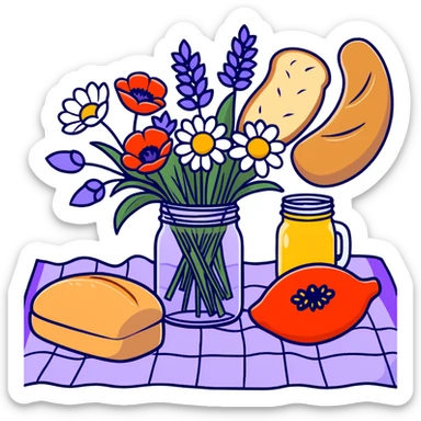 wildflower bouquet with daisies, poppies and lavender arranged in a mason jar on a picnic blanket with bread and fruit sticker