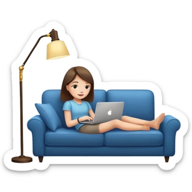 A girl is working with a laptop while lying on a sofa, with a floor lamp to the right. sticker
