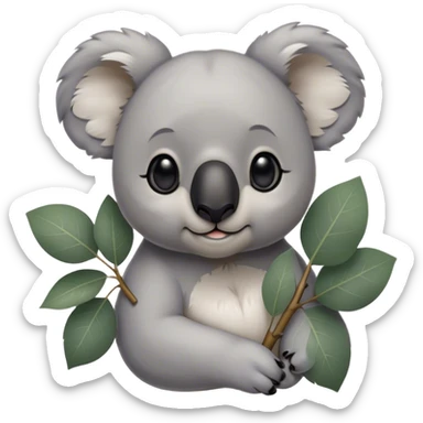 Cinematic Noble Koala Portrait Emoji, Poised and regal, with a stocky, cuddly build and a plush, well-groomed grey fur, large round ears and a distinctive big black nose, deep-set soulful dark eyes, Simplified yet sharp and sophisticated features, highly detailed, glowing with a soft, dignified glow, high shine, intelligent and gentle, stylized with an air of eucalyptus elegance, focused and attentive, soft glowing outline, capturing the essence of a watchful and confident marsupial, so majestic it feels as though it could climb out of the screen with effortless authority! sticker
