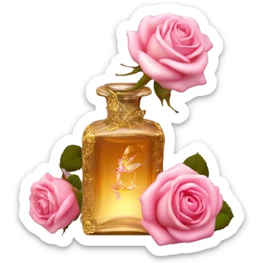 Rose magic fairy sparkling old Antique oil perfume bottle with herbal and rose flowers sticker