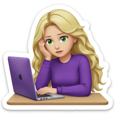 lady with long blonde wavy hair, purple top, green eyes,one elbow one desk hand on face with a laptop looking defeated sticker