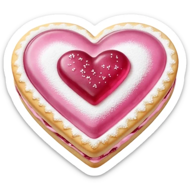 Realistic shortbread cookie in the shape of a heart with pink jelly middle filling and sprinkled powder sugar on top. sticker
