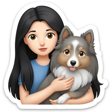 A girl with long black hair holding a gray Shetland Sheepdog sticker