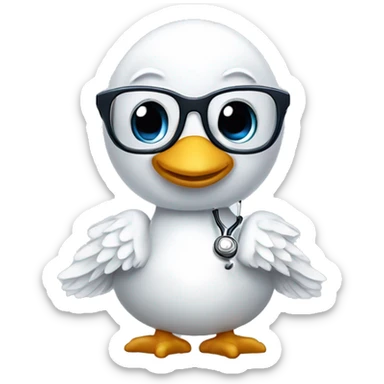a swan with wings dressed as a clinician with glasses and a stethoscope sticker