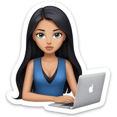 Glamours tanned very beautiful girl with pump peach nude lips and black straight smooth long hair, blue-grey eyes in beautiful black  v-neck vest from the suit (short sleeves) no blazer and no anything under the vest, only vest with MacBook sticker