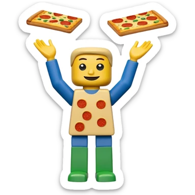 Minifigure: yellow square head  blue square troso rectangular yellow arms and green legs with a pizza on the head sticker