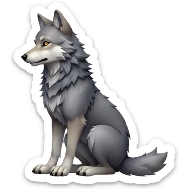 cinematic-[wolf]-realistic-full-body-sitting-emoji,-tail-resting-loosely-beside-its-paws,-head-tilted-dramatically, -scruffy-[grey]-fur,-simplified-yet-realistic-focused-features,-highly-detailed,-glowing-with-an-almost-sarcastic-glow sticker