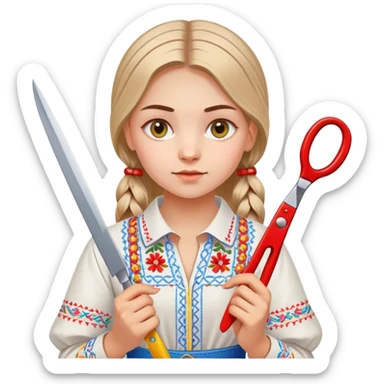 Ukrainian young girl in a white embroidered traditional shirt (vyshyvanka) holding scissors and colored cardboard sticker