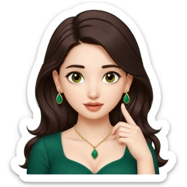pretty bratz genmoji that, wearing a dark green sweetheart neckline top, dark brown hair, light makeup, no necklace, dangly earrings, SIDE hair part, fair. dark brown eyes, long hair
SHe should look like tamannaah bhatia - bollywood actress
Show her licking her finger  sticker
