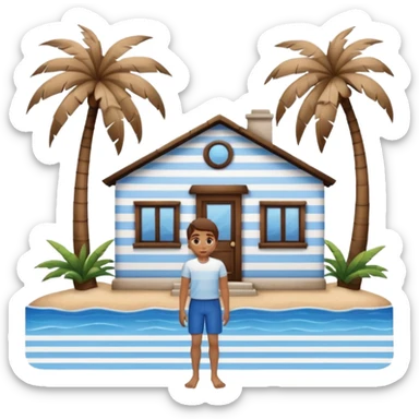 A full square white and blue stripe house horizontally with brown wooden door on a island with palm trees  sticker